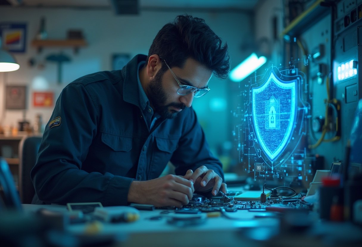 Techniker bei der Datensicherheit Smartphone-Reparatur mit digitalem Sicherheitsschild zur Datenverschlüsselung