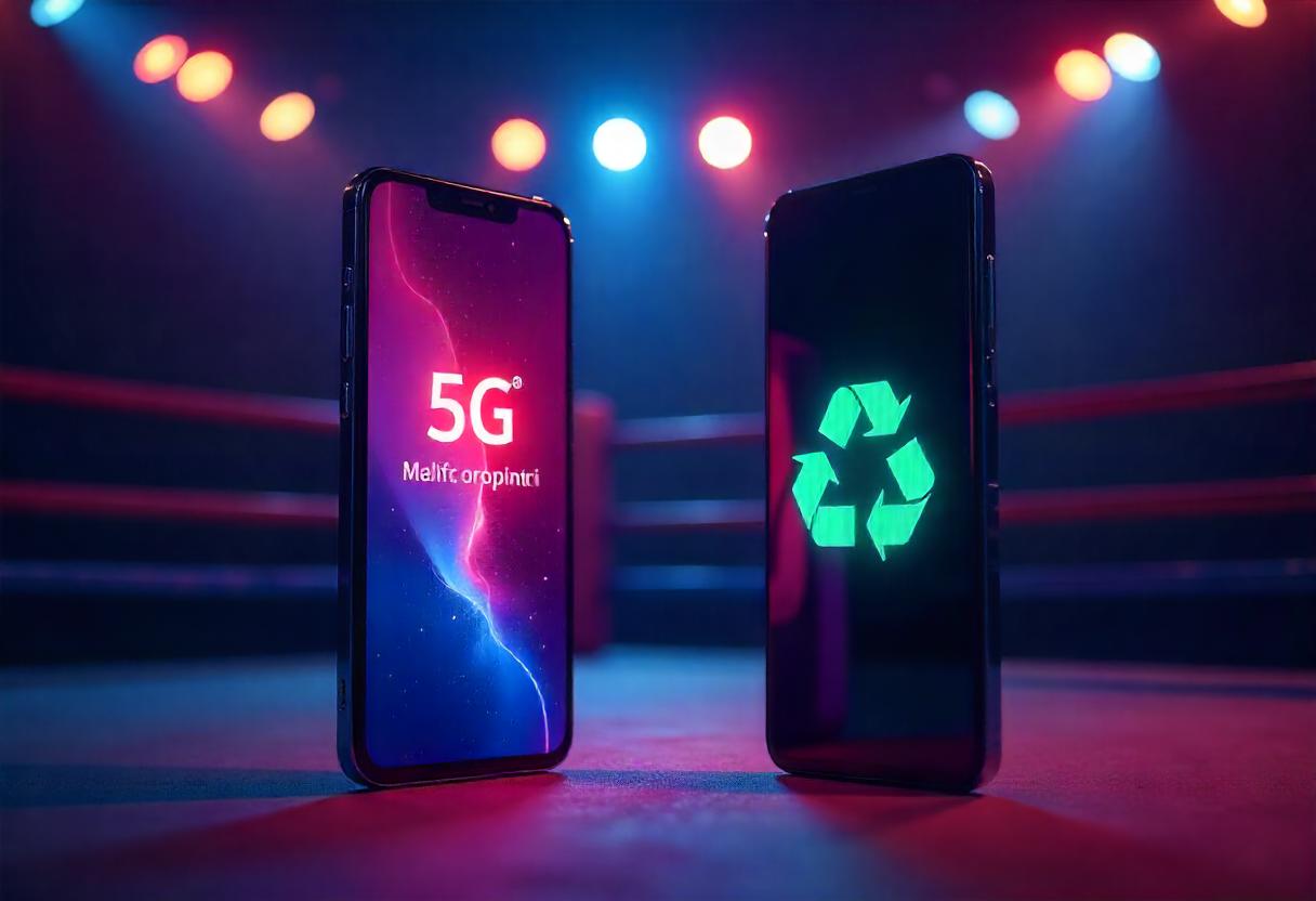 Zwei Smartphones stehen sich wie Kontrahenten gegenüber. Das eine zeigt ein 5G-Logo, das andere ein Recycling-Symbol, welches für ein refurbished Smartphone steht.